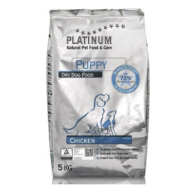 Saco de pienso seco Platinum Puppy Chicken para cachorros, con 73% de carne fresca de pollo. Formato de 5 kg.