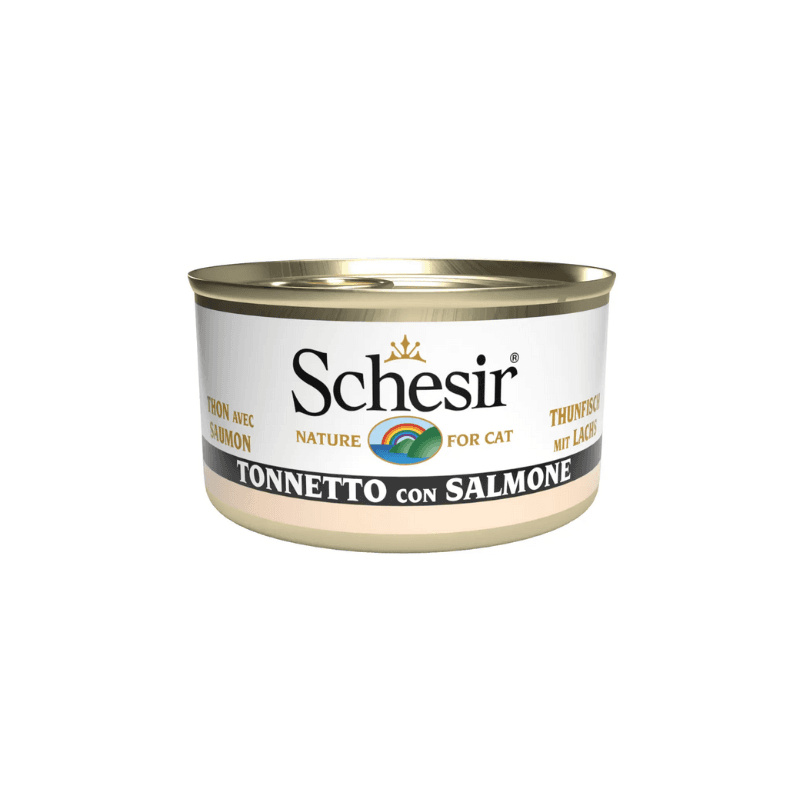 Schesir lata de comida húmeda para gatos de Atún con Salmón en gelatina 85gr