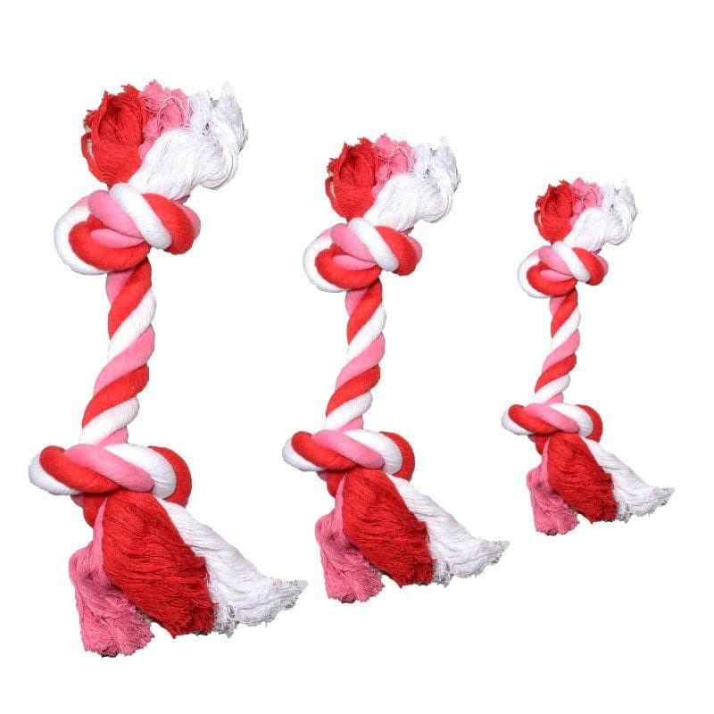Cuerdas de nudo Bubimex para perros en colores rojo y blanco, disponibles en diferentes tamaños (26 cm y 37 cm).