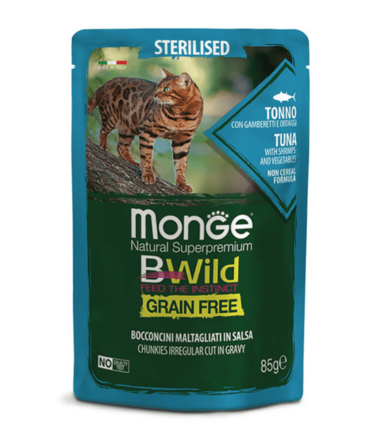 Monge BWild Cat Esterilizado Atún con Gambas y verduras 85gr